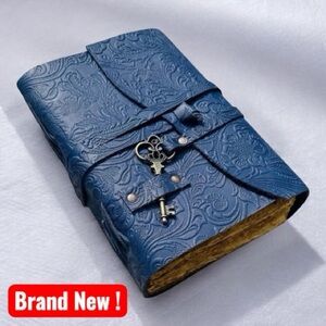 📘 Handmade Leather Journal – Blue Floral Embossed Vintage Diary (7x5)